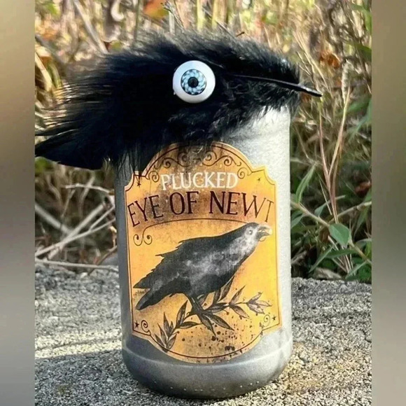 NEW “PLUCKED EYE OF NEWT” Halloween Apothecary/Potion Jar/Bottle with feather - Picture 9 of 10